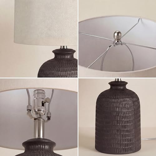 Home 24" Black Textured Ceramic Table Lamp with Tan Linen Shade