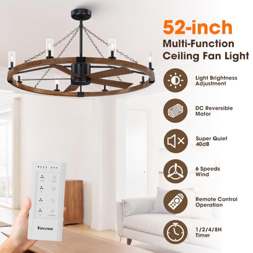 52 Inch Farmhouse Wagon Wheel Ceiling Fans with Lights and Remote
