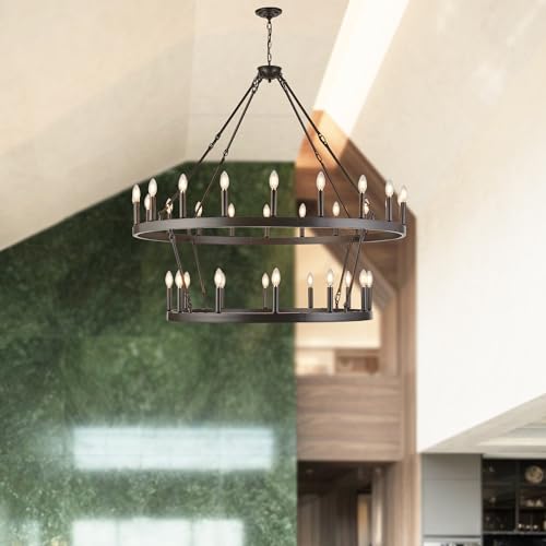 Rustic Farmhouse Wagon Wheel Chandelier Oil Rubbed Bronze Large Chandeliers for High Ceilings Kitchen Table Lighting 2 Tier 32 Lights 50 Inch for Dining Room Kitchen Island