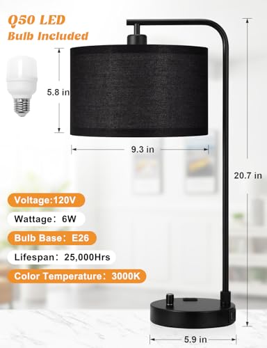 Black Table Lamp for Bedroom with USB Port and Outlet