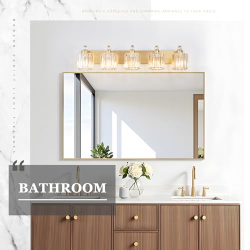 5 Lights Brushed Brass Bathroom Light Fixture Gold Vanity Lights Modern Crystal Bathroom Vanity Lighting Over Mirror Wall Sconce with K9 Crystal Shade E26 Base for Living Room