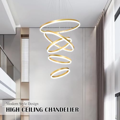 5 Rings Pendant Lights Modern Gold Led Chandelier Gold Modern Led Pendant Light Dimmable Height Adjustable Chandeliers for Dining Room Bedroom Entryway Living Room Foyer