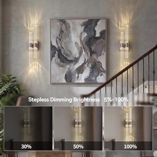 Crystal Wall Sconces Set of Two LED Wall Sconce Hardwired Brushed Nickel Bathroom Vanity Light Fixtures 21.25in 4000K Vertical and Horizontal Wall Mounted Sconces for Bedroom Living Room (2 Count)