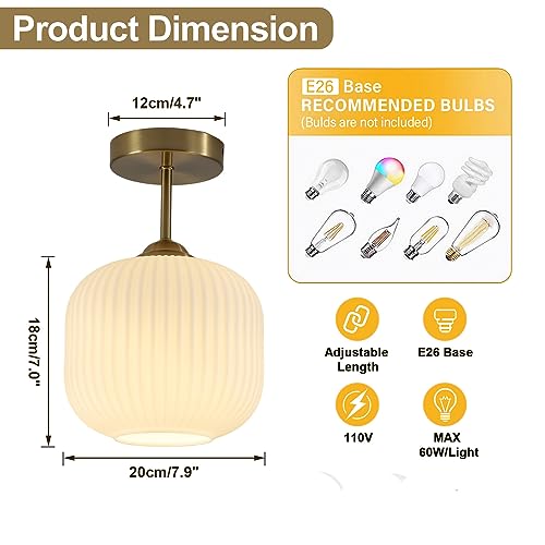 Gold Milk Glass Semi Flush Mount Light Vintage White Ribbed Flush Mount Ceiling Light Small Hallway Globe Ceiling Light Fixtures for Bedroom Entryway