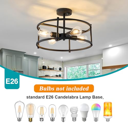 Motion Sensor Ceiling Light Indoor Industrial 4 Light Semi Flush Mout Ceiling Light Fixture Black Overhead Light for Entryway Hallway Closet Porch Front Farmhouse