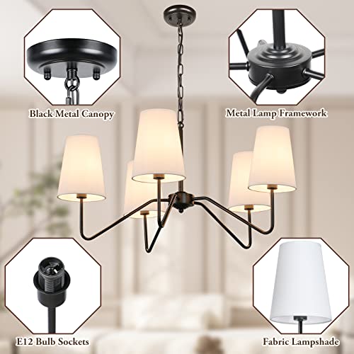 5-Light 30” Modern Chandelier with White Shades, Classic Pendant Ceiling Light Fixture for Dining Room, Black Chandelier with E12 Base Hanging Lamp for Living Room Hallway Bedroom, Height Adjustable