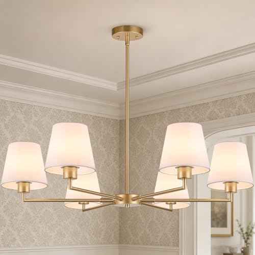 Brass Gold Chandeliers for Dining Room, 36" 6 Light No Assembly Required Antique Modern Gold Chandelier Light Fixture with White Fabric Shade, Classic Kitchen Pendant Lights over Table for Bedroom