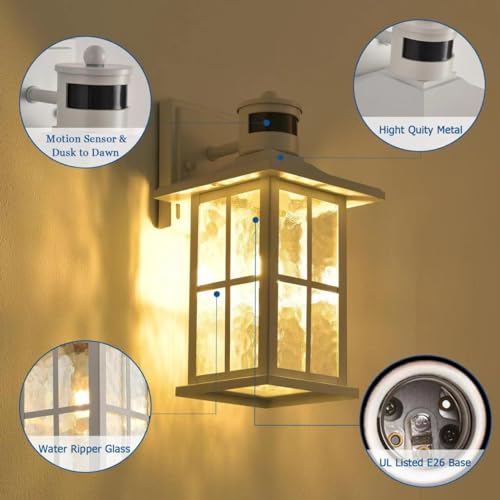 2 Pack Motion Sensor Porch Lights White Dusk to Dawn Outdoor Wall Lantern (2 Count)