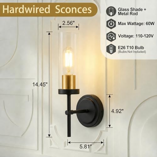 Hardwired Black and Gold Wall Sconce Set of Two Bathroom Sconces