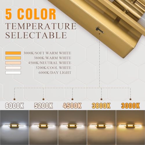 Gold LED Vanity Light 31IN Modern LED Bar Wall Light Over Vanity Mirror Hardwired Picture Light Dimmable Bathroom Wall Mount Lighting 5CCT