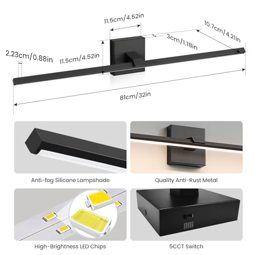 Modern Bathroom Vanity Light 32 Inch Matte Black Dimmable 5CCT LED Vanity Light Bar for Bathroom Lighting Fixtures Over Mirror Cabinets Bedroom