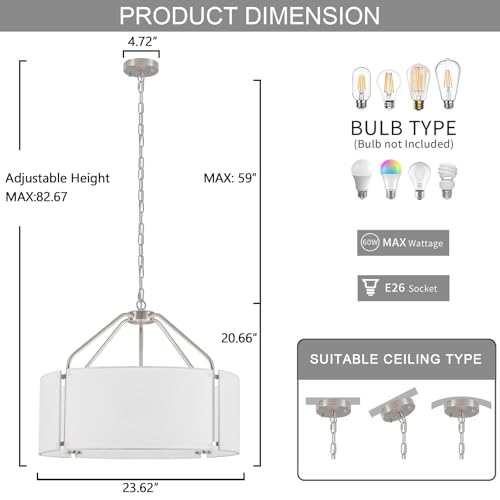 23Inches Large Drum Chandelier with Metal and White Linen Fabric Shade
