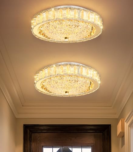 11.8" Modern Mini Crystal Chandelier Dimmable LED Flush Mount Ceiling Light with Remote Control for Bedroom Hallway Dining Room Gold
