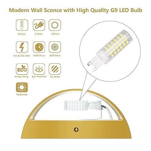 Brushed Brass Wall Sconce Indoor Wall Lights Hardwired 1 Pack Up and Down Wall Mount Light for Living Room Bedroom Hallway Corridor Conservatory Cool White 6000K