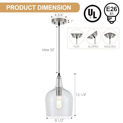 9” Brushed Nickel Seeded Glass Pendant Light Modern 1 Light Single Dome Pendent Lighting Fixtures for Kitchen Island Dining Room Hallway