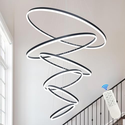 6 Rings Pendant Lights 47.2'' Modern Black Led Chandelier Dimmable Height Adjustable Chandeliers Color Temperature Black Chandelier Led Pendant Light for Dining Room Bedroom Entryway