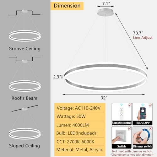D31.5'' Modern Ring Chandelier for Dining Room LED Dimmable Pendant Lighting High Ceiling Chandelier for Living Room Foyer Bedroom Entryway 3000K