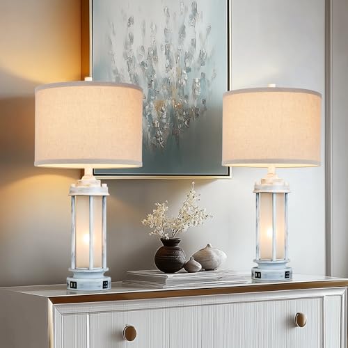 25" Set of 2 Antique White Rustic Table Lamps 2 USB C+A Ports (2 Count)