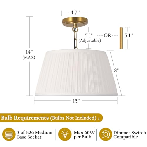 15”Dia White Pleated Fabric Drum Shade Ceiling Light Fixture