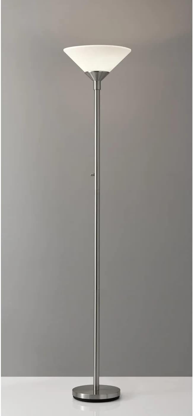 Adesso Brushed Steel Torchiere Floor Lamp with Frosted White Shade - 300W Double Socket Construction, Modern Accent Lighting for Bedroom, Living Room, or Home Office, 73” Tall