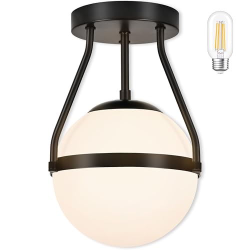8 Inch Mid Century Ceiling Light Modern Semi Flush Mount Ceiling Light Fixture Globe Ceiling Light Fixture with Milk Glass Shade Matte Black Finish for Kitchen Island Hallway Laundry