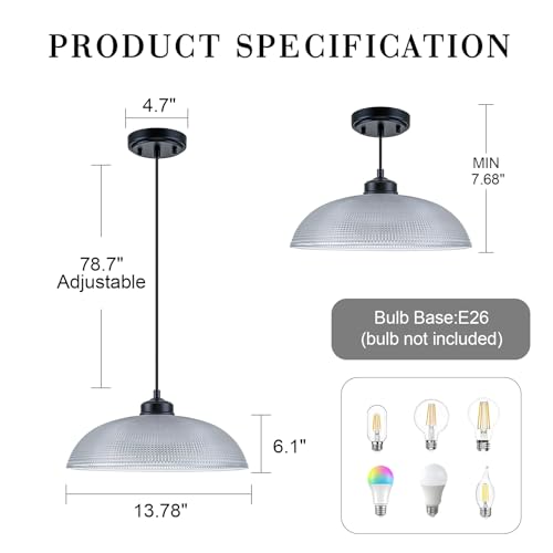 EDSILIVE Vintage Glid Glass Pendant Lights Kitchen Island 13.78" Barn Dome Clear Glass Hanging Ceiling Light Fixture with Black Finish for Dining Room Kitchen Table