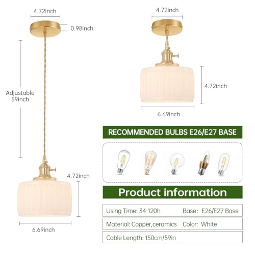 Battery Operated Pendant Light 5000mAh Rechargeable Chandelier with Remote Control Wireless Adjustable Hanging White Striped Light for Kitchen Island Dining Room Hallway (2 Count)