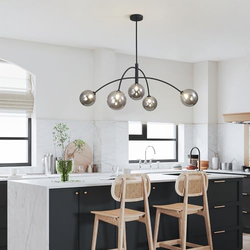 Mid Century Modern Chandelier Black 5 Light Industrial Pendant Light Fixture Vintage Smoke Gray Globe Glass Sputnik Chandeliers for Bedroom Kitchen Living Room Hallway