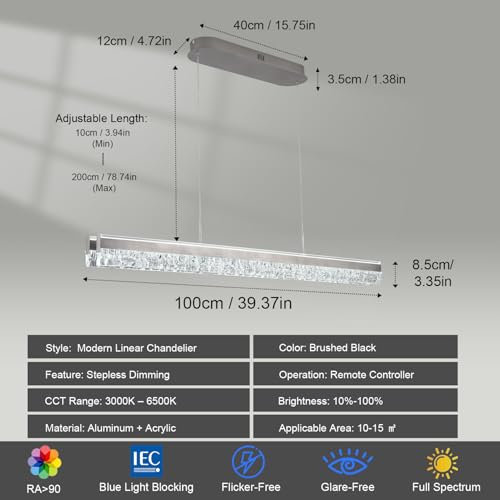 Dimmable Kitchen Island Lighting Modern LED Linear Chandelier Lighting Fixture 39in Crystal Modern Led Pendant Light Fixtures Over Table for Dining Room Kitchen Living Room