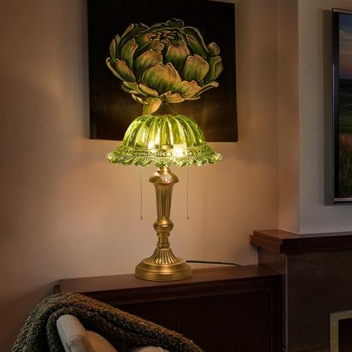 Glass Shade Table Lamp Vintage Metal Desk Lamp 2 Lights Table Light with Plug Switch for Bedroom Living Room Home Office Brass and Green