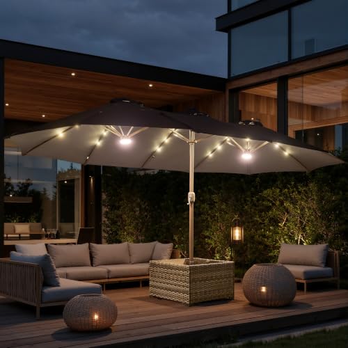 15FT Double Sided Rectangular Patio Umbrella with USB Rechargeable Warm LED Lights