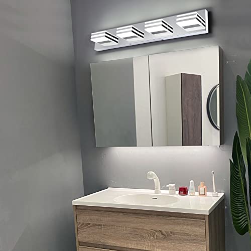 LED Vanity Lights for Bathroom 4 Light Bathroom Lamp over Vanity 27Inch Bathoom Mirror Light Fixtures Modern Bath Bar Lighting Chrome Vanity Lighting Fixtures 24W Restroom Light Fixture 6000K