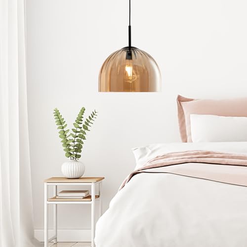 Amber Ribbed Glass Pendant Light Kitchen Island 11.8Inch Black Hanging Lamp