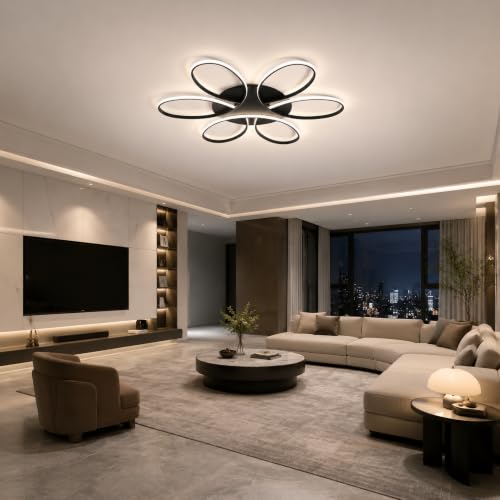 Modern LED Ceiling Light Fixture Black Flush Mount Ceiling Lamp with Remote Control Dimmable 6 Rings Flower Shaped Ideal for Living Room Bedroom Dining Room Kitchen