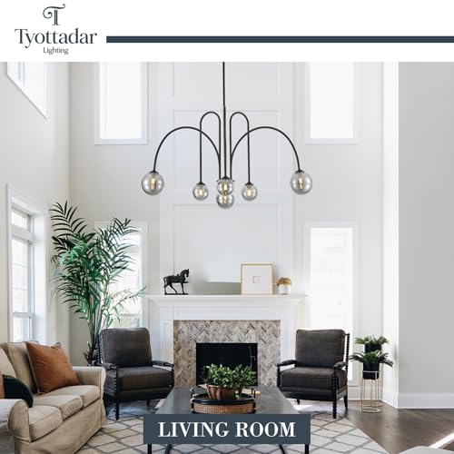 6 Light Modern Sputnik Chandelier L41’’ Black Mid Century Pendant Chandelier with Smoked Glass Shades Contemporary Large Pendant Light Fixture for Foyer Bedroom Staircase Living Room Kitchen