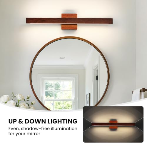 Bathroom Vanity Light 24 Inch Brown Wood Finish Bathroom Light Fixture Over Mirror with Up & Down Lighting 20W Dimmable 5CCT LED Vanity Lighting Fixture Bar for Restroom Bedroom