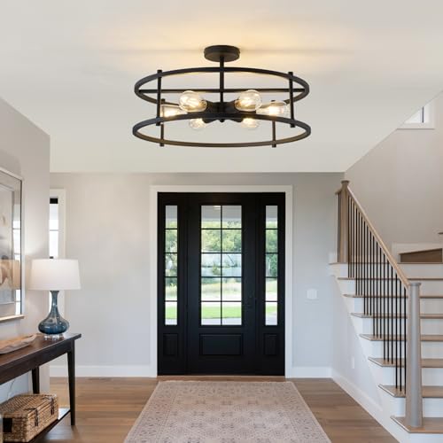 Large Semi Flush Mount Ceiling Light Fixture Black Cage Ceiling Light 6 Light Chandelier for Kitchen Dining Room Entryway Living Room Bedroom Foyer
