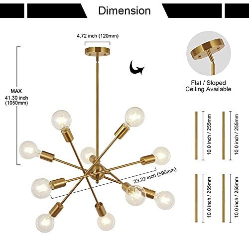 Modern 10 Light Sputnik Chandeliers Brushed Brass with Adjustable Arms Metal Kitchen Light Fixtures Gold Mid Century Pendant Lighting Vintage Industrial Ceiling Lights for Living Room