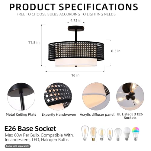 16" Black Rattan Ceiling Light