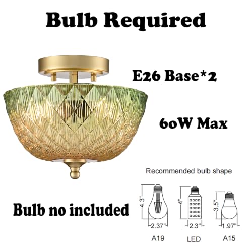 Semi Flush Mount Ceiling Light with Green & Amber Glass Shade