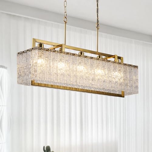 36" Gold Crystal Ripple Glass Rectangle Pendant Chandelier 5