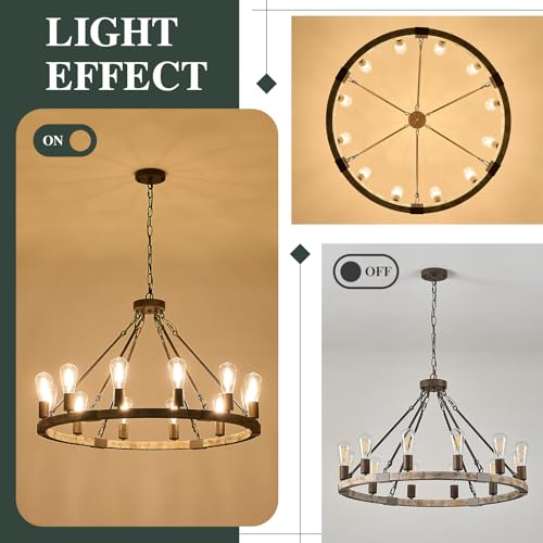 Farmhouse Wagon Wheel Chandelier 31" Wooden Chandelier Light Fixture 12