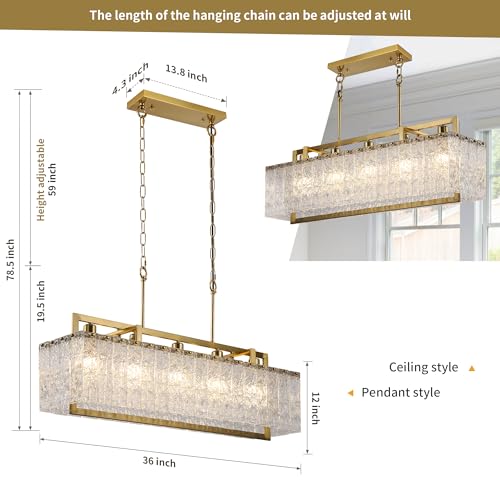 36" Gold Crystal Ripple Glass Rectangle Pendant Chandelier 5