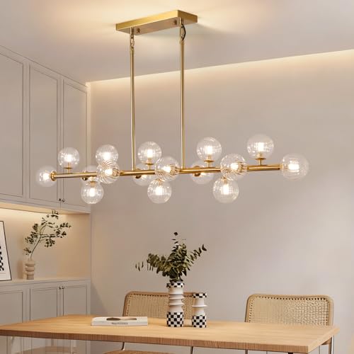 Gold Globe Chandelier Linear Rectangle Modern Chandelier Glass Pendant Light Fixture Adjustable for Dining Living Room Kitchen Island 55"
