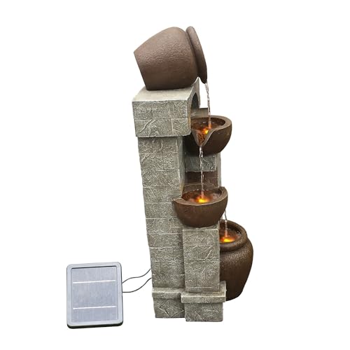 28 in. Cascading Bowls and Stacked Stones LED Outdoor Water Fountain for Outdoor Living Spaces to Create a Calming Oasis in Gardens and Landscaping