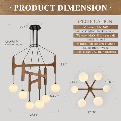 Rustic Oak 6 Light Wooden Chandelier with Milk Glass Globe L28 Inch