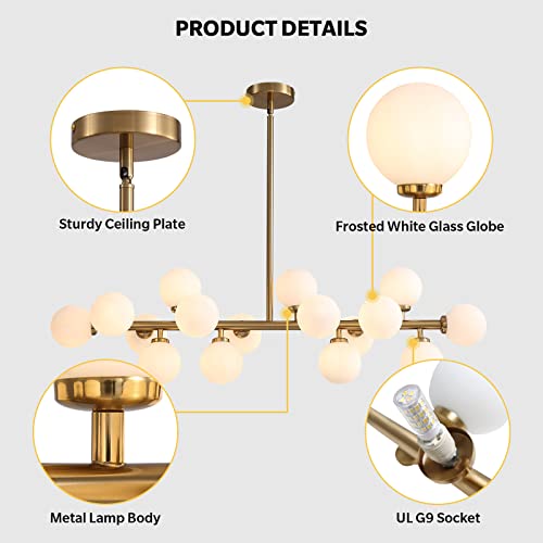 Gold Dining Room Chandelier Over Table Mid Century Modern Chandelier White Glass Globe Lampshade Linear Pendant Lighting Fixture for Living Room Dining Table 16 Lights