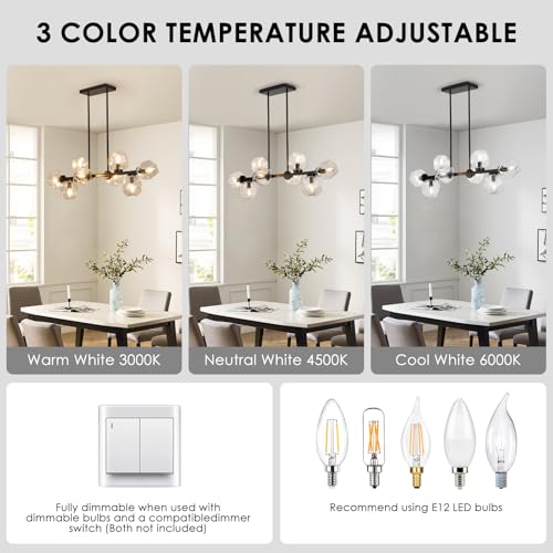 Modern Linear Chandeliers 8 Light Clear Glass Dining Room Light Fixture 39"" Black Mid Century Chandelier Pendant Light for Living Room Kitchen Island