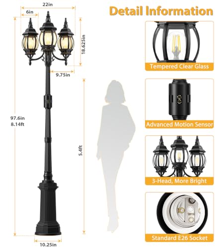3 Head Motion Sensor Outdoor Post Lights