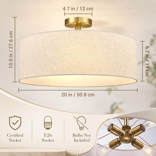20 Inch Drum Semi Flush Mount Ceiling Light Fixture Gold
